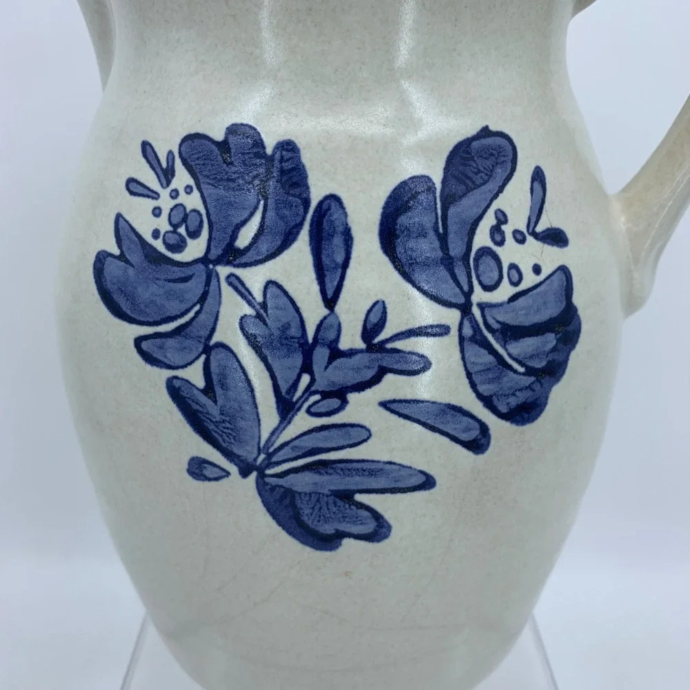 Blue Floral Stoneware Pitcher Country Cottage Folk Art Jug 9